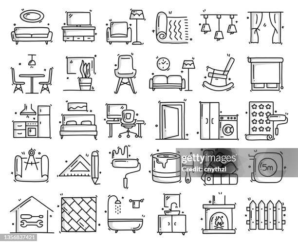 home decoration und interior design verwandte objekte und elemente. handgezeichnete vektor-doodle-illustrationssammlung. handgezeichnete symbole set. - innenarchitekt stock-grafiken, -clipart, -cartoons und -symbole