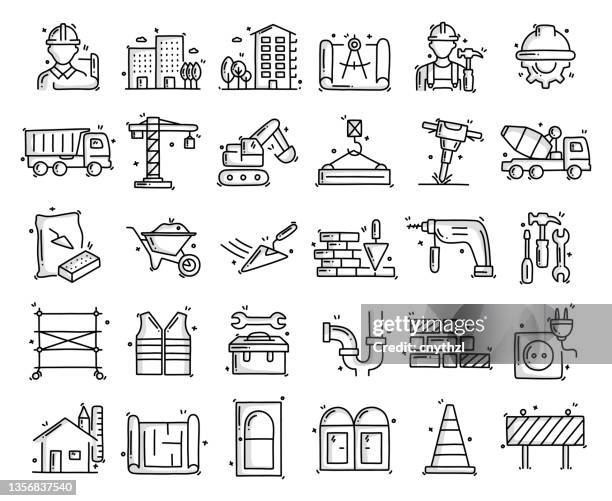 stockillustraties, clipart, cartoons en iconen met construction and buildings related objects and elements. hand drawn vector doodle illustration collection. hand drawn icons set. - bridge built structure