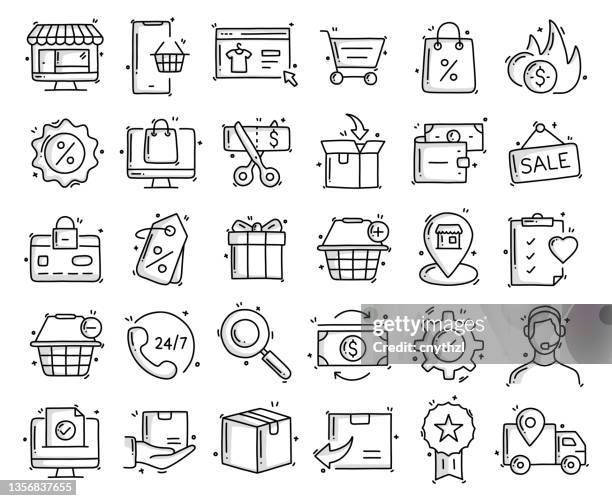 e-commerce related objects and elements. hand drawn vector doodle illustration collection. hand drawn icons set. - software vendor stock illustrations