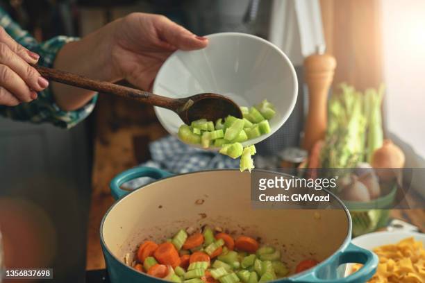 preparing chicken noodles soup with fresh vegetables - bouillon stock pictures, royalty-free photos & images
