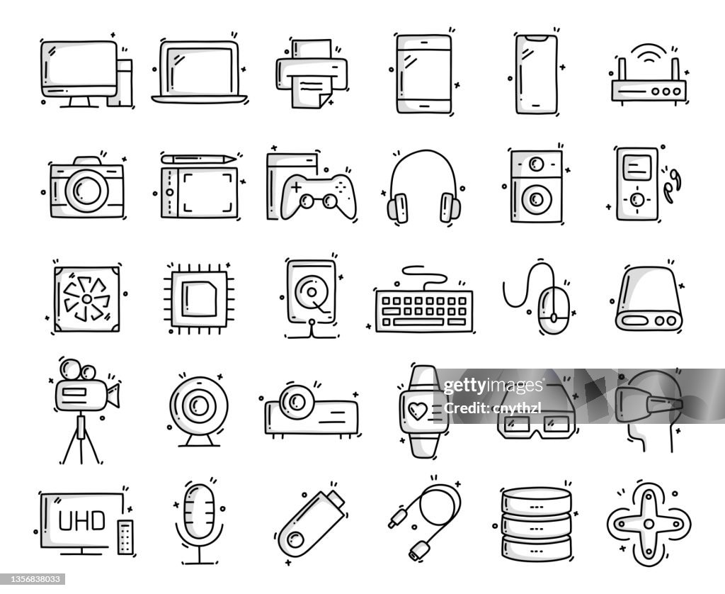 Computer Related Objects Graphics Computer And Devices Related Objects And Elements Hand Drawn Vector ...