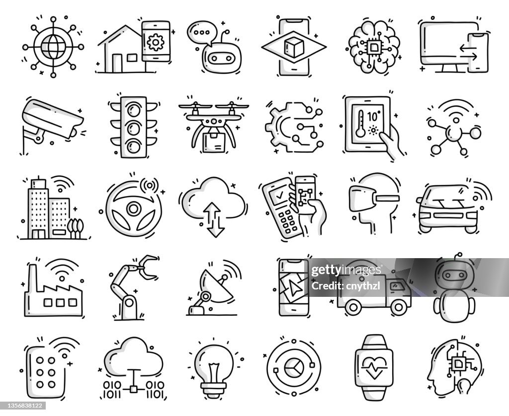 Objetos y elementos relacionados con Internet de las cosas. Colección de ilustraciones de garabatos vectoriales dibujados a mano. Conjunto de iconos dibujados a mano.