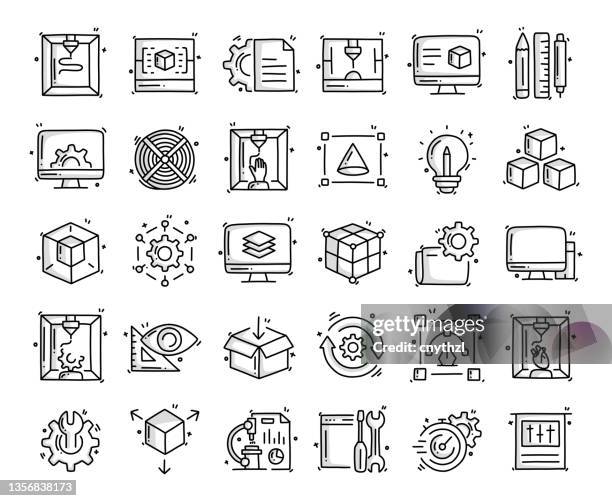 illustrations, cliparts, dessins animés et icônes de objets et éléments liés à la technologie d’impression 3d. collection d’illustrations vectorielles dessinées à la main. ensemble d’icônes dessinées à la main. - ampoule dessin