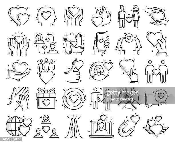 bildbanksillustrationer, clip art samt tecknat material och ikoner med friendship, relationship and love related objects and elements. hand drawn vector doodle illustration collection. hand drawn icons set. - drawings of people