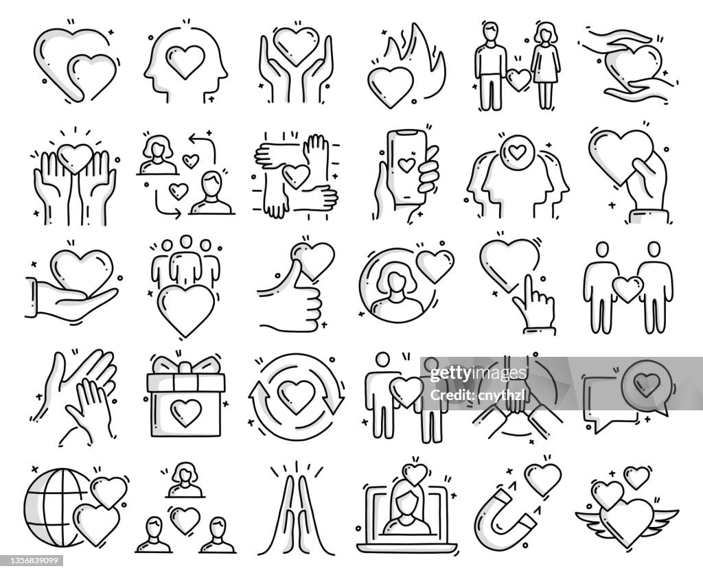 Friendship, Relationship and Love Related Objects and Elements. Hand Drawn Vector Doodle Illustration Collection. Hand Drawn Icons Set.