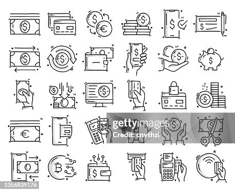 Money and Payment Related Objects and Elements. Hand Drawn Vector Doodle Illustration Collection. Hand Drawn Icons Set. Money and Payment Related Objects and Elements. Hand Drawn Vector Doodle Illustration Collection. Hand Drawn Icons Set.