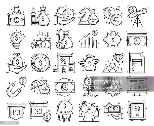 ilustrações, clipart, desenhos animados e ícones de finanças objetos e elementos relacionados. coleção de ilustração de rabisco de vetor desenhado à mão. conjunto de ícones desenhados à mão. - fund manager