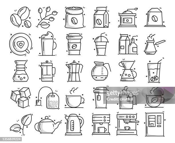 kaffee und tee verwandte objekte und elemente. handgezeichnete vektor-doodle-illustrationssammlung. handgezeichnete symbole set. - macchiato stock-grafiken, -clipart, -cartoons und -symbole