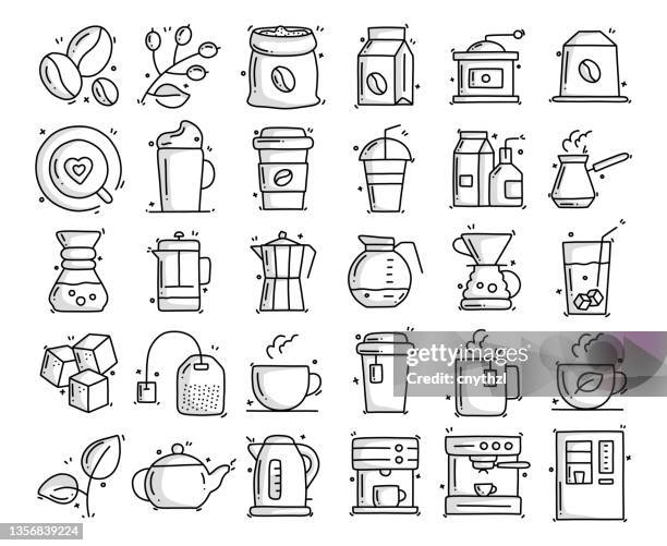 coffee and tea related objects and elements. hand drawn vector doodle illustration collection. hand drawn icons set. - french press stock illustrations