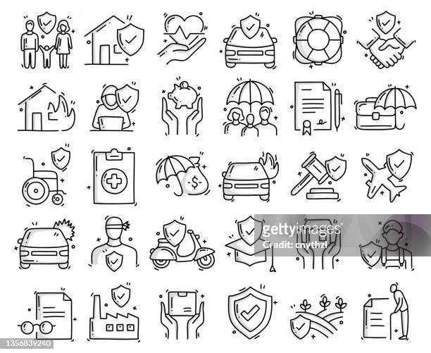 insurance related objects and elements. hand drawn vector doodle illustration collection. hand drawn icons set. - insurance icon stock illustrations