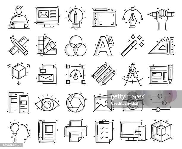 grafikdesign-bezogene objekte und elemente. handgezeichnete vektor-doodle-illustrationssammlung. handgezeichnete symbole set. - designberuf stock-grafiken, -clipart, -cartoons und -symbole
