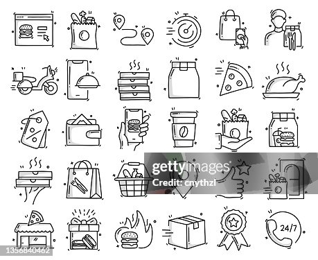 Food Delivery Related Objects and Elements. Hand Drawn Vector Doodle Illustration Collection. Hand Drawn Icons Set. Food Delivery Related Objects and Elements. Hand Drawn Vector Doodle Illustration Collection. Hand Drawn Icons Set.
