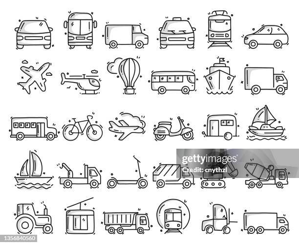 stockillustraties, clipart, cartoons en iconen met transportation related objects and elements. hand drawn vector doodle illustration collection. hand drawn icons set. - fiets naar het werk