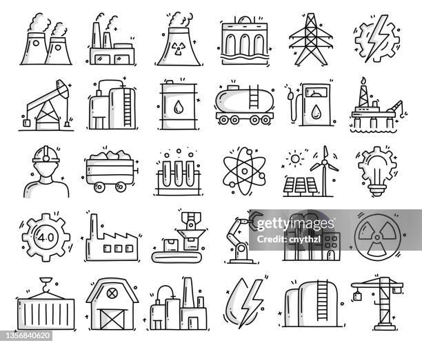 illustrazioni stock, clip art, cartoni animati e icone di tendenza di oggetti ed elementi correlati all'industria pesante e energetica. collezione di illustrazioni vettoriali disegnate a mano. set di icone disegnate a mano. - set di simboli
