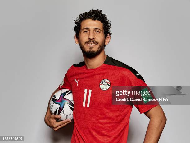 Ahmed Hegazy of Egypt poses during the Egypt team presentation prior to the FIFA Arab Cup Qatar 2021 at DusitD2 Salwa Hotel on November 29, 2021 in...