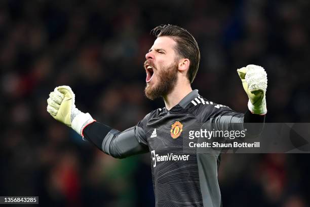 David De Gea of Manchester United celebrates their side's second goal scored by Cristiano Ronaldo of Manchester United during the Premier League...