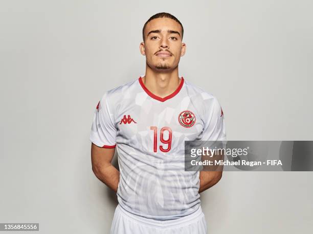 Mootez Zaddem of Tunisia poses during the Tunisia team presentation prior to the FIFA Arab Cup Qatar 2021 at DusitD2 Salwa Hotel on December 02, 2021...