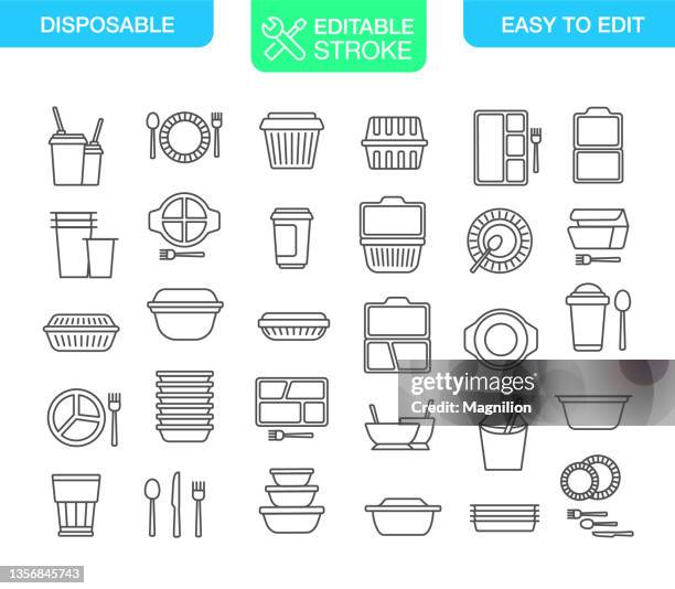 ilustraciones, imágenes clip art, dibujos animados e iconos de stock de iconos de vajilla desechables establecer trazo editable. - utensilios de cocina