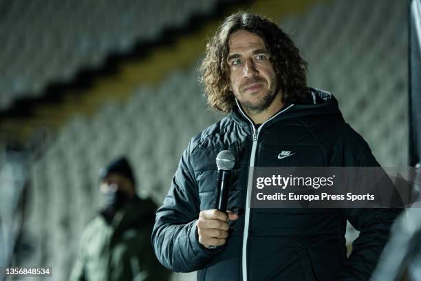 Carles Puyol, ex player of FC Barcelona, attends during an act of delivery of the golden crown to Alexia Putellas after winning the golden ball from...