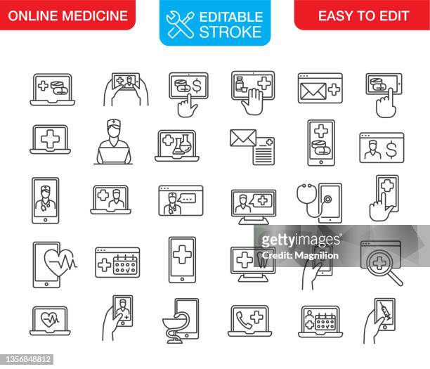 online medicine icons set editable stroke - visit icon stock illustrations