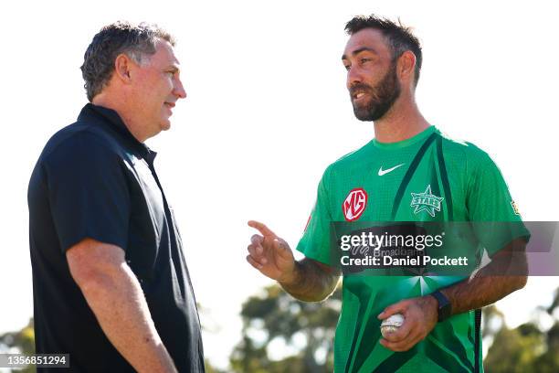 Stars head coach David Hussey and Glenn Maxwell of the Stars chat during a Melbourne Stars BBL media opportunity at CitiPower Centre on December 03,...