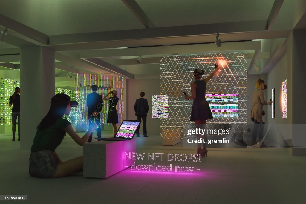 Futuristic art gallery with VR equipment