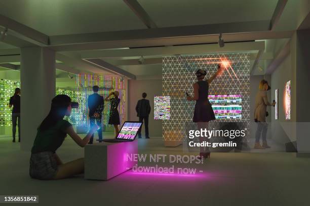 futuristic art gallery with vr equipment - moderne kunst stockfoto's en -beelden