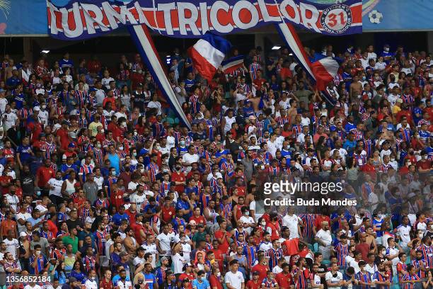 Fans of Bahia during a match between Bahia and Atletico Mineiro as part of Brasileirao Series A 2021 at Arena Fonte Nova on December 02, 2021 in...