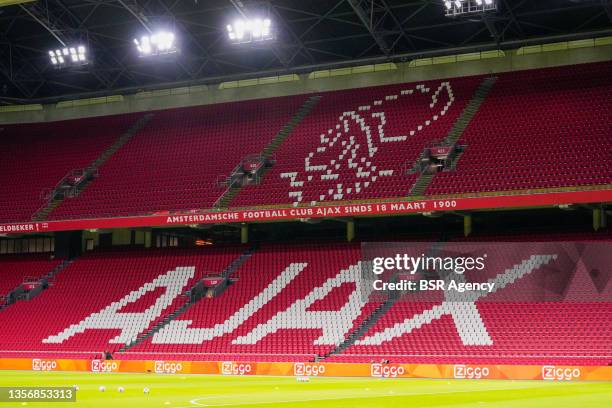 Interior overview of empty seats in the Johan Cruijff Arena during the Dutch Eredivisie match between Ajax and Willem II at Johan Cruijff Arena on...