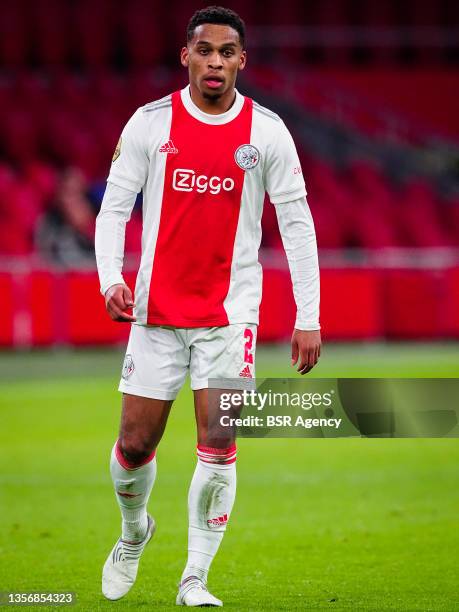 Jurrien Timber of Ajax looks on during the Dutch Eredivisie match between Ajax and Willem II at Johan Cruijff Arena on December 2, 2021 in Amsterdam,...