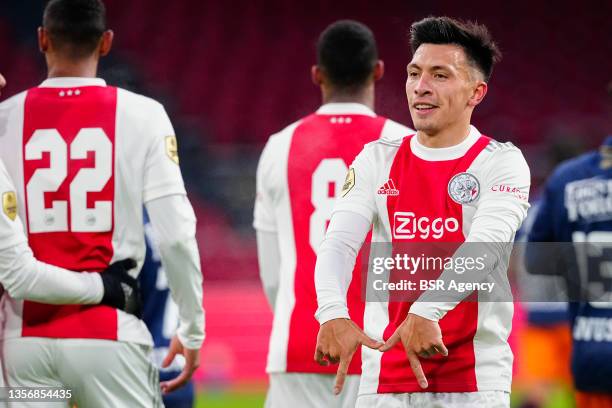 Lisandro Martinez of Ajax celebrates after scoring his team second goal during the Dutch Eredivisie match between Ajax and Willem II at Johan Cruijff...