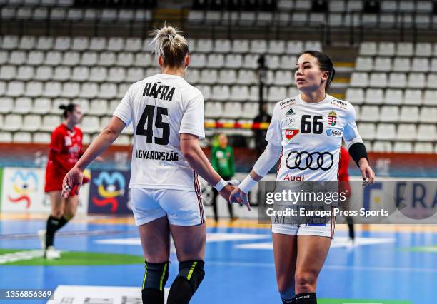 Viktoria Lukacs and Noemi Hafra of Hungary during the 25th of the Women's Handball World Championship in the preliminary round in the match between...