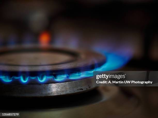 close-up of flames of gas burner and iron trivet of stainless steel stove - stove top stock pictures, royalty-free photos & images