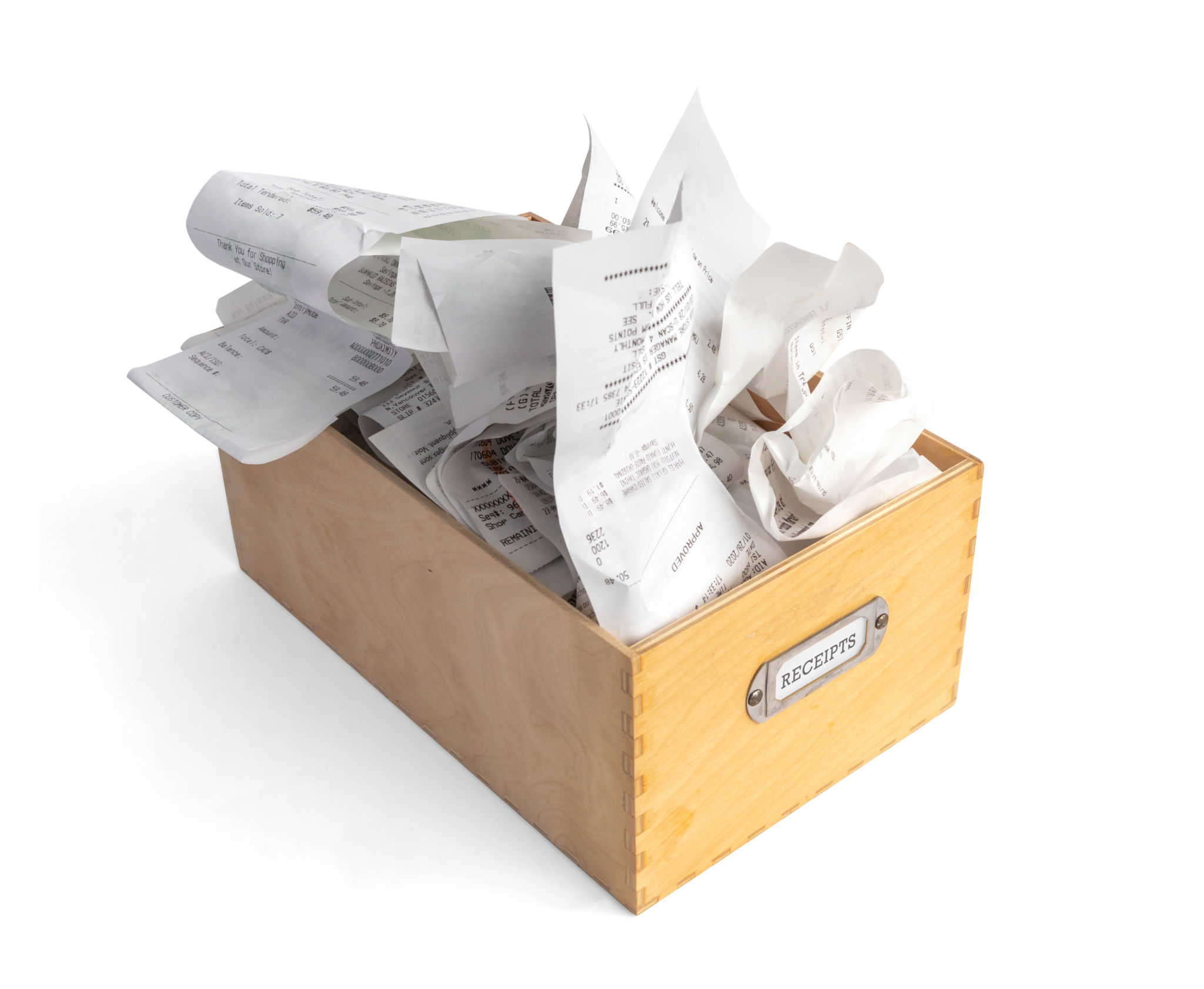 Overfilled box of receipts for filing taxes and deductibles. Overfilled box of receipts for filing taxes and deductibles.