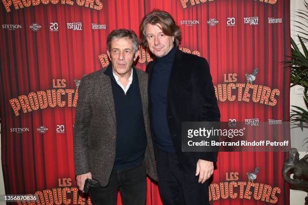 Stéphane Hillel and Richard Caillat attend the "Les Producteurs" Theater Play at "Theatre de Paris" on December 02, 2021 in Paris, France.