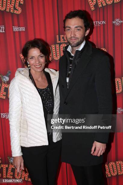 Élizabeth Bourgine and her son Jules Miesch attend the "Les Producteurs" Theater Play at "Theatre de Paris" on December 02, 2021 in Paris, France.