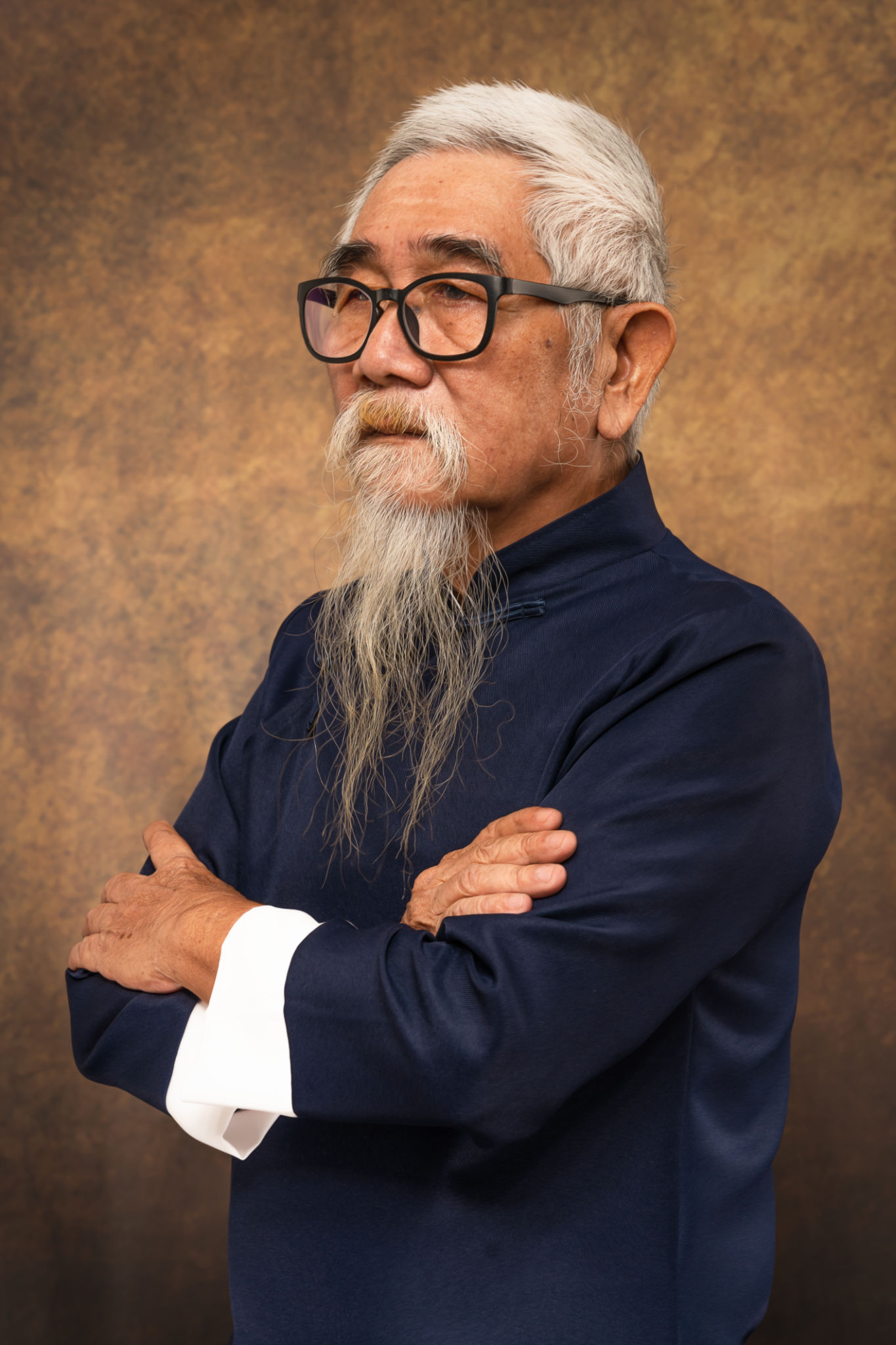 studio portrait of chinese old man wearing eyeglasses with white hair and beard in tradional chinese clothing on studio backdrop background studio portrait of chinese old man wearing eyeglasses with white hair and beard in tradional chinese clothing on studio backdrop background