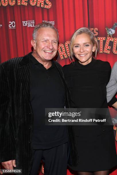 Michel Field and Claire Borotra attend the "Les Producteurs" Theater Play at "Theatre de Paris" on December 02, 2021 in Paris, France.