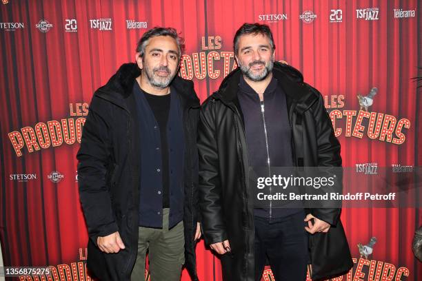 Olivier Nakache and Eric Toledano attend the "Les Producteurs" Theater Play at "Theatre de Paris" on December 02, 2021 in Paris, France.