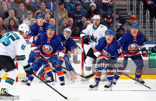 Noah Dobson, Zach Parise, Ilya Sorokin, Anthony Beauvillier and Andy Greene of the New York Islanders defend owhile shorthanded against the San Jose...