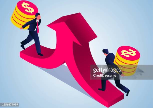 cooperation and making money, two businessmen carrying gold coins towards the merged arrow. - mutual fund stock illustrations