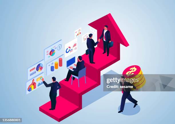 isometrische unternehmensgruppe arbeitet am steigenden pfeil - issue analysis stock-grafiken, -clipart, -cartoons und -symbole