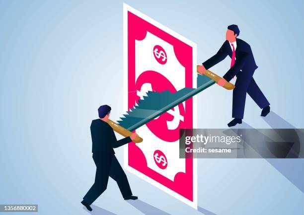isometric businessmen work together to pull the saw to cut off the banknotes, cut taxes, and reduce budgets - distraught stock illustrations
