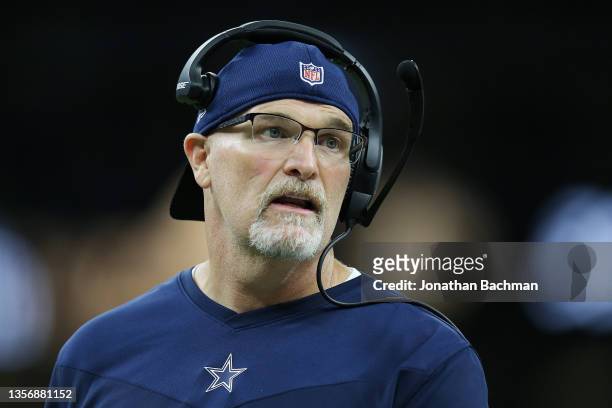 Interim head coach Dan Quinn of the Dallas Cowboys reacts during the second quarter of the game against the New Orleans Saints at Caesars Superdome...