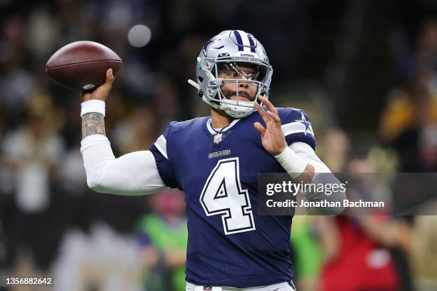 Dak Prescott of the Dallas Cowboys throws the ball in the second quarter of the game against the New Orleans Saints at Caesars Superdome on December...