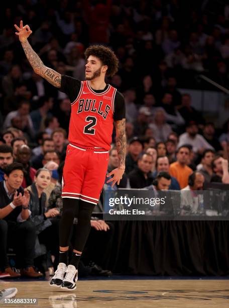 Lonzo Ball of the Chicago Bulls celebrates his three point shot in the second half against the New York Knicks at Madison Square Garden on December...