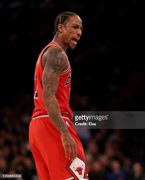 DeMar DeRozan of the Chicago Bulls reacts in the fourth quarter against the New York Knicks at Madison Square Garden on December 02, 2021 in New York...