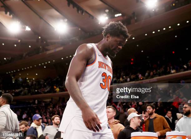 Julius Randle of the New York Knicks walks off the court after the loss to the Chicago Bulls at Madison Square Garden on December 02, 2021 in New...