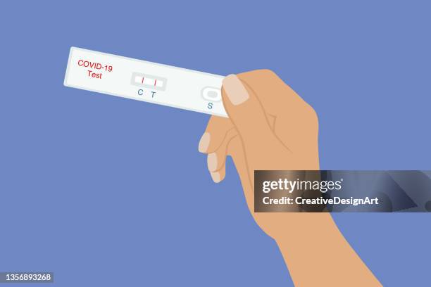 stockillustraties, clipart, cartoons en iconen met hand holding covid-19 rapid test with positive test result. - biohazardous substance