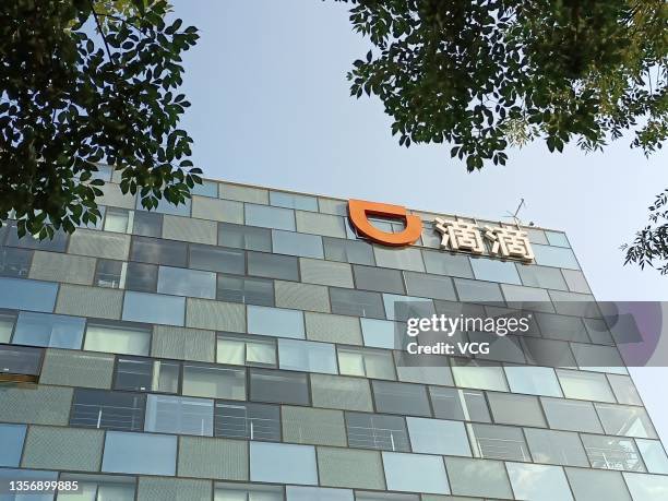 Logo of Chinese ride-hailing platform Didi Chuxing is seen at its headquarters on August 29, 2021 in Beijing, China.